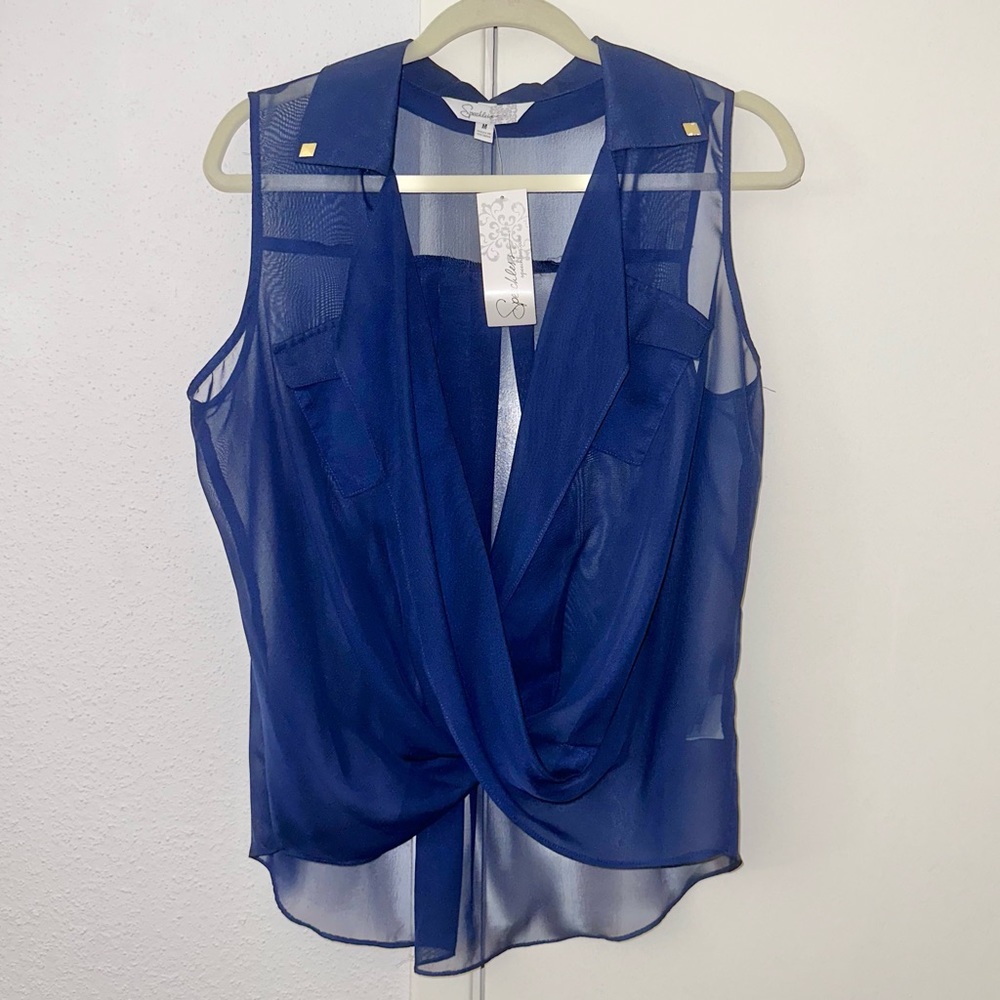 Women’s navy blue semi sheer wrap front tank top - size medium